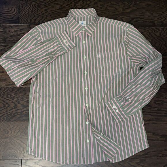 Johnnie-O Mens Olive Green Pink Stripe Button Down Hanging out Shirt LS - Picture 2 of 8